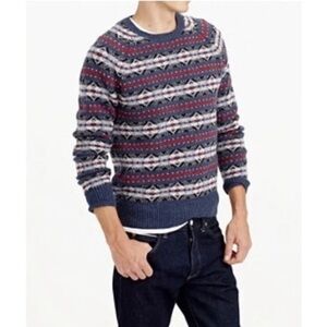 J Crew Men Large 100% Lambswool Fair Isle Knit Multicolor Crewneck Sweater